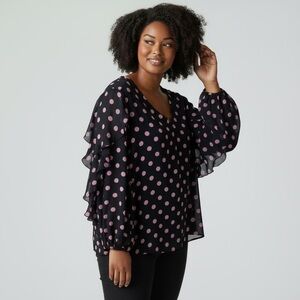 LAURA  plus size Polka Dot V-Neck Blouse - Black and Pink size 18